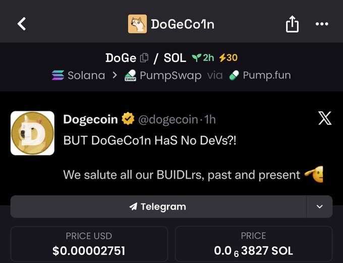 A screenshot of the DoGeCo1n ($DoGe) token page on PumpSwap via Pump.fun, showing a price of $0.00002751 USD / 0.0000003827 SOL, alongside an official @dogecoin tweet stating "BUT DoGeCo1n HaS No DeVs?! We salute all our BUIDLrs, past and present." The image highlights the meme token's satirical take on its lack of developers while celebrating its community-driven origins.