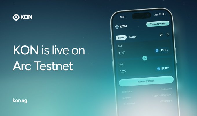 "KON is live on Arc Testnet showcasing a mobile-friendly interface for swapping USDC to EURC with a displayed rate of 1 USDC = 1.2551 EURC."