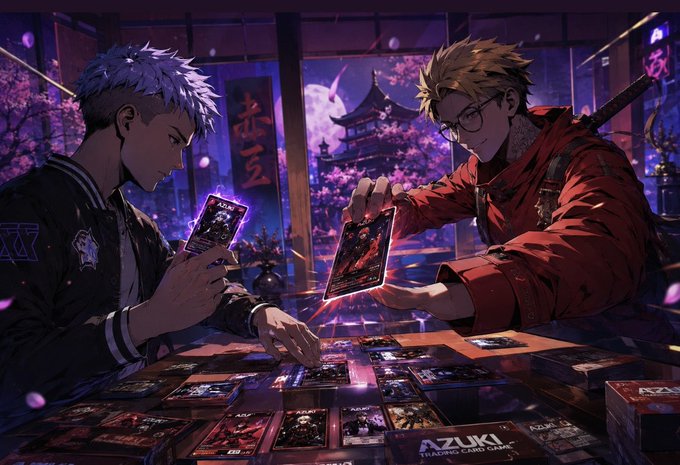 Anime-style illustration of two young men playing a card game at a table, with one holding a card and surrounded by scattered cards and card boxes, with 'AZUKI TRADING CARD GAME' visible at the bottom.