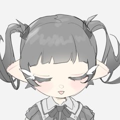 A grayscale anime-style illustration of a young character with twin tails, closed eyes, pointed ears, and a school uniform.