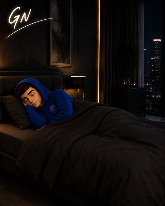 The image shows a young boy sleeping peacefully in bed with his head resting on a pillow, wearing a blue hoodie. The room appears dark, which might be due to the absence of light from outside sources or dim lighting inside the room. In the background, there is a window that allows some natural light into the space. A plant can also be seen near the window, adding a touch of greenery to the scene. The image seems to be related to a post on social media, as indicated by the text "gn" in the corner and the presence of a caption about friends catching up.

The main focus is on the boy sleeping in bed, with his hoodie being visible underneath him. There are no other people or objects present in the image apart from the young boy and the plant near the window.