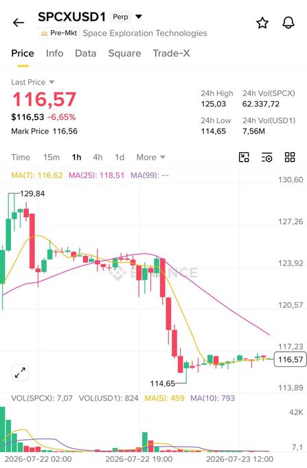 A BingX trading chart for SPCXUSD1 Perp (Space Exploration Technologies) showing a price of 116.57, down 6.65%, with 24h high of 125.03 and a candlestick chart with MA(7), MA(25), and MA(99) indicators.