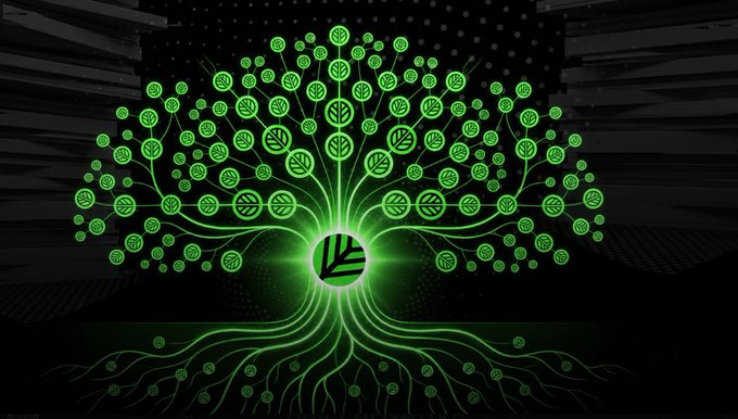 A digital artwork depicting a glowing green tree made of numerous circular leaf-like symbols with internal patterns, with a bright green glowing orb at its center, set against a dark background.