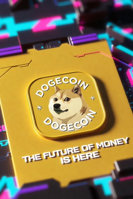 A glowing yellow Dogecoin ($DOGE) token featuring the iconic Shiba Inu logo sits atop a cyberpunk-styled circuit board, with the text "THE FUTURE OF MONEY IS HERE" displayed prominently, reinforcing the post's promotion of Dogecoin as a forward-looking digital currency.