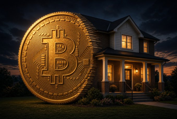 A golden Bitcoin coin is fused into the side of an illuminated suburban house at dusk, symbolizing the new BTC-backed mortgage from Better and Coinbase that lets homeowners use Bitcoin as collateral for a home loan without selling their crypto.