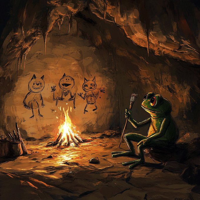 A whimsical digital painting shows a green frog-like creature sitting by a campfire inside a cave, holding a stick with marshmallows while three simple, smiling cartoon figures are drawn on the wall nearby.