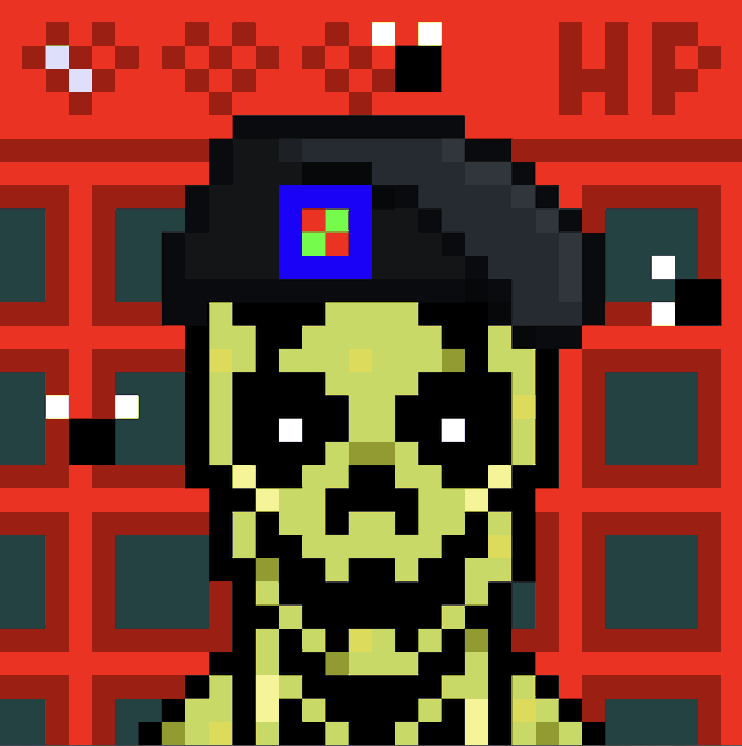 A pixel art character with a black hat featuring a red and green square logo, set against a red background with 'HF' in the corner.