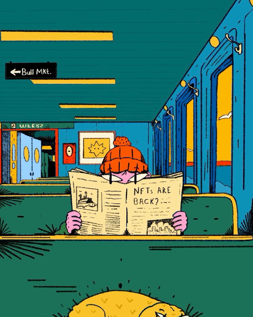 A cartoon illustration of a pink-skinned figure with an orange bob haircut reading a newspaper with the headline 'NFTs ARE BACK?' while seated on a green train or subway car.