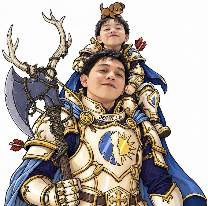 A digital illustration of a man and a young child styled as golden-armored knights with blue capes, holding a large axe; the man's armor bears the text "JOHN 3:16".