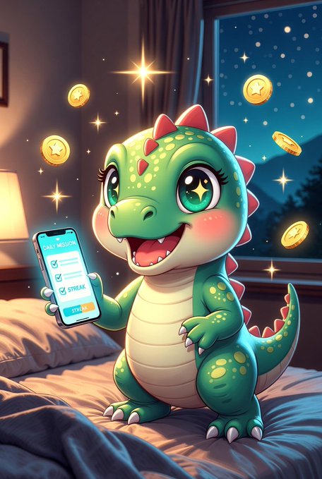 The image features a cartoon green dinosaur sitting on a bed with its arms raised high above its head. The dinosaur appears to be smiling and holding up a cell phone, which has a "Happy Monday" message displayed on it. The background of the image is dark, creating a contrast that makes the dinosaur stand out. There are also stars scattered throughout the scene, adding to the overall visual appeal of the illustration.