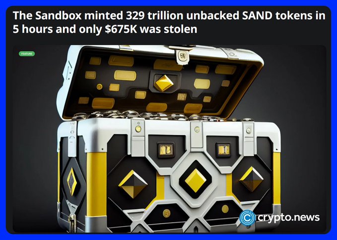 A crypto.news featured article titled "The Sandbox minted 329 trillion unbacked SAND tokens in 5 hours and only $675K was stolen," showing a 3D-rendered treasure chest filled with gold coins and gems.