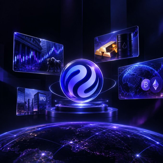 A digital artwork showing a glowing blue and purple sphere surrounded by floating screens displaying stock charts, gold bars, oil barrels, an 'IPO' sign, and cryptocurrency icons (Bitcoin and Ethereum) over an Earth globe view.