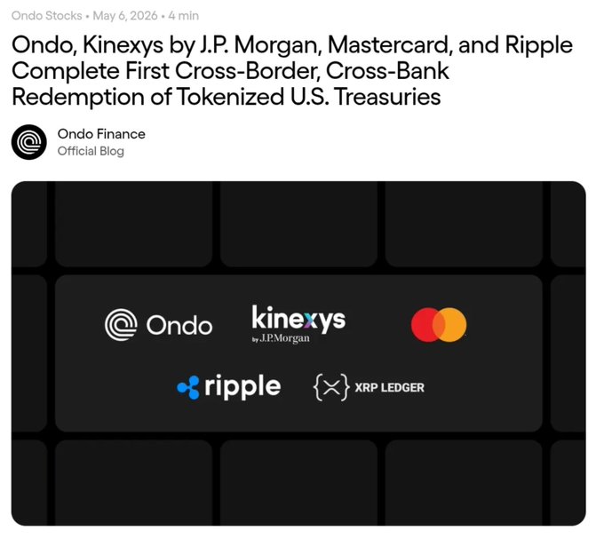 A May 6, 2026 Ondo Stocks article titled "Ondo, Kinexys by J.P. Morgan, Mastercard, and Ripple Complete First Cross-Border, Cross-Bank Redemption of Tokenized U.S. Treasuries" is displayed, featuring the logos of Ondo, Kinexys by J.P. Morgan, Mastercard, Ripple, and XRP Ledger. The post's tickers (Ripple, Ondo, JPM, MC) align with the four companies—Ripple, Ondo, JPMorgan, and Mastercard—highlighted in the headline as collaborators on the tokenized U.S. Treasuries redemption milestone.