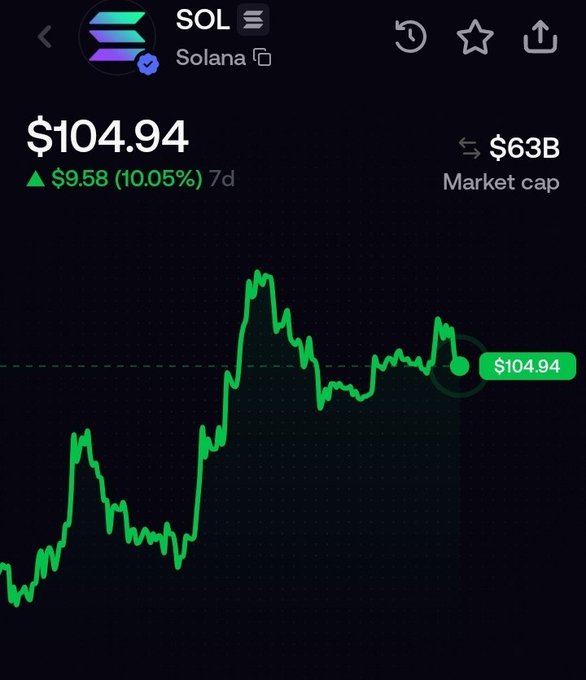 A Solana (SOL) price chart shows the token trading at $104.94 with a $63B market cap, up $9.58 (10.05%) over 7 days, illustrating its slow recovery after a sharp peak and subsequent pullback.