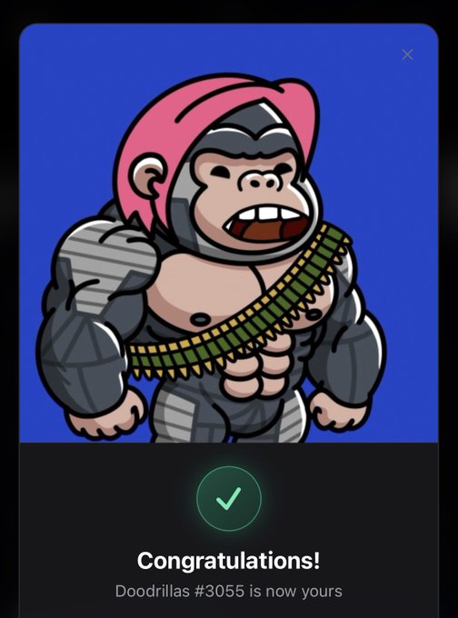 A mobile app confirmation screen displays a muscular cartoon gorilla NFT named "Doodrillas #3055" with a pink helmet and bullet belt, accompanied by a green checkmark and the text "Congratulations! Doodrillas #3055 is now yours." The image directly illustrates the post's successful purchase of this Doodrillas NFT from the @oswikixyz marketplace on ApeChain.