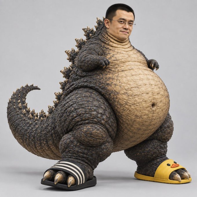 An AI-generated image depicting a man with glasses superimposed onto the body of a Godzilla-like monster, wearing Adidas and duck slippers.