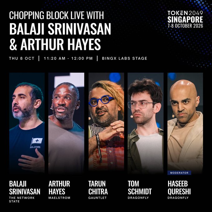A promotional graphic for a "Chopping Block Live" panel at Token2049 Singapore (7-8 October 2026) featuring headshots of speakers Balaji Srinivasan (The Network State), Arthur Hayes (Maelstrom), Tarun Chitra (Gauntlet), Tom Schmidt (Dragonfly), and moderator Haseeb Qureshi (Dragonfly), with the caption "Man these are some classic mug shots" humorously commenting on the lineup's portrait-style photos resembling booking photos.
