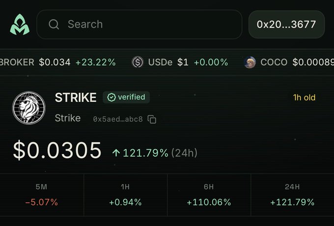 A crypto trading platform displays the STRIKE token (contract address 0x5aed...abc8), verified and priced at $0.0305 with a massive 121.79% 24-hour gain (+0.94% in 1H, +110.06% in 6H), supporting the post about verifying $STRIKE on Mancer DEX.