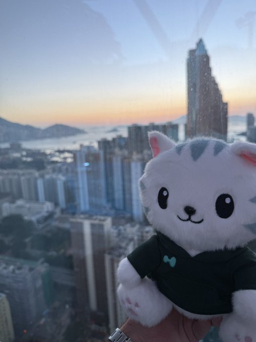 A white Hypurr plush wearing a black shirt is held up in front of Hong Kong’s skyline at sunset. The scene matches the caption “Hypurr goes to Hong Kong,” with the cityscape serving as the travel backdrop.