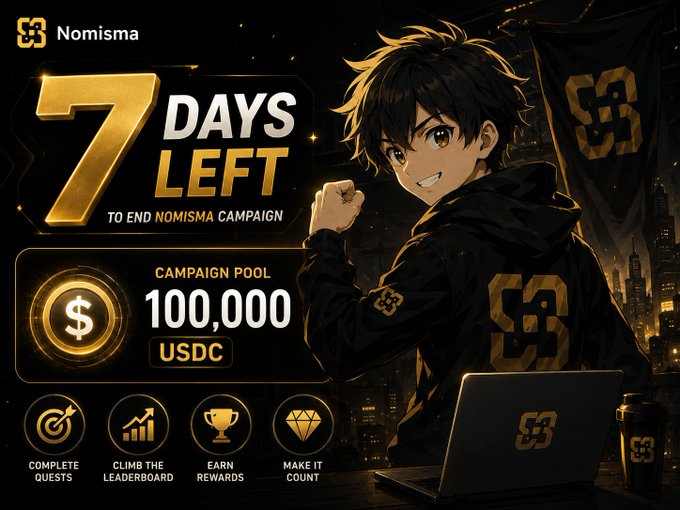 An anime-style character in a black hoodie poses next to promotional text for 'Nomisma' showing '7 DAYS LEFT' to end the campaign, with a 'CAMPAIGN POOL' of '100,000 USDC'.