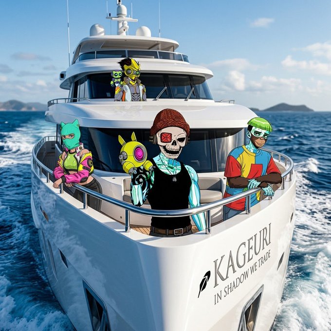 An AI-generated image showing NFT/crypto characters including a skeleton with a beanie, anime figures, and a green-haired character aboard a yacht labeled 'KAGEURI - IN SHADOW WE TRADE'.