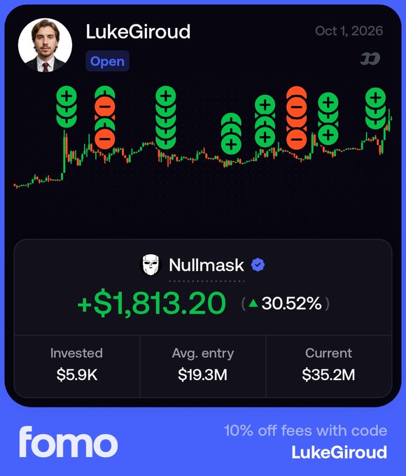 a mobile screenshot of a crypto trading app called 'fomo' showing a trade for 'Nullmask' with a +30.52% gain, featuring a referral code 'LukeGiroud' and the username 'LukeGiroud'