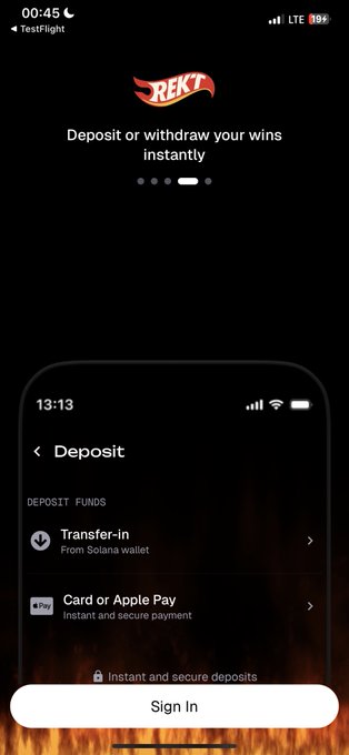 The image shows a promotional screen for "REKT" featuring the tagline "Deposit or withdraw your wins instantly," along with a preview of the app's Deposit page showing options like "Transfer-in From Solana wallet" and "Card or Apple Pay" for instant and secure deposits. It directly aligns with the post's call-to-action to start betting and winning on the Rekt app, highlighting the easy deposit process users will encounter.