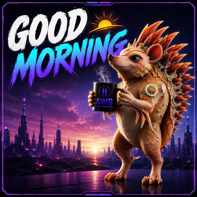 A digital artwork featuring a hedgehog-like creature holding a black mug labeled 'AWG SPORTS NETWORK' with 'GOOD MORNING' text, set against a cyberpunk cityscape at sunset.