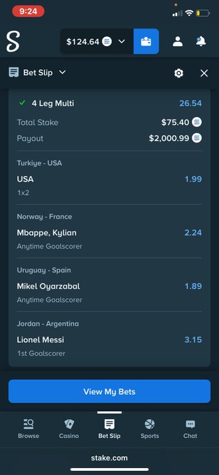 A mobile screenshot of a betting slip on stake.com shows a 4-leg multi bet with a $75.40 stake and a $2,000.99 potential payout, featuring picks including USA to win (1.99), Mbappe anytime goalscorer (2.24), Oyarzabal anytime goalscorer (1.89), and Messi first goalscorer (3.15). The image supports the post's promise of a 4 SOL giveaway if the 4-leg parlay hits, illustrating the bet the poster is relying on to fund the giveaway.