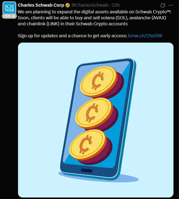The image is a tweet from Charles Schwab Corp announcing plans to expand digital assets on Schwab Crypto, adding Solana (SOL), Avalanche (AVAX), and Chainlink (LINK) for client trading. The accompanying graphic shows a stylized smartphone displaying three gold Bitcoin-style coins, visually reinforcing the crypto trading announcement.
