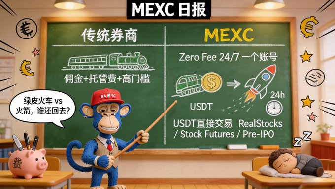 A cartoon illustration in Chinese comparing '传统券商' (Traditional Brokers) with 'MEXC', featuring a monkey teacher, a piggy bank labeled '费' (fee), and a sleeping student.