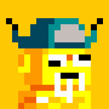 A pixel art illustration on a yellow background depicting a character with teal hair or headwear wearing an orange and yellow outfit.