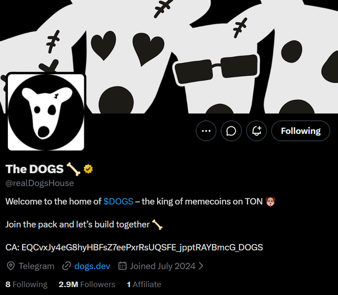 A Twitter/X profile page for "The DOGS" (@realDogsHouse) describing itself as the king of memecoins on TON, with 2.9M followers and a contract address beginning with "EQCvxJy4eG8hyHBFsZ7eePxrRsUQSFE_jpptRAYBmcG_DOGS".
