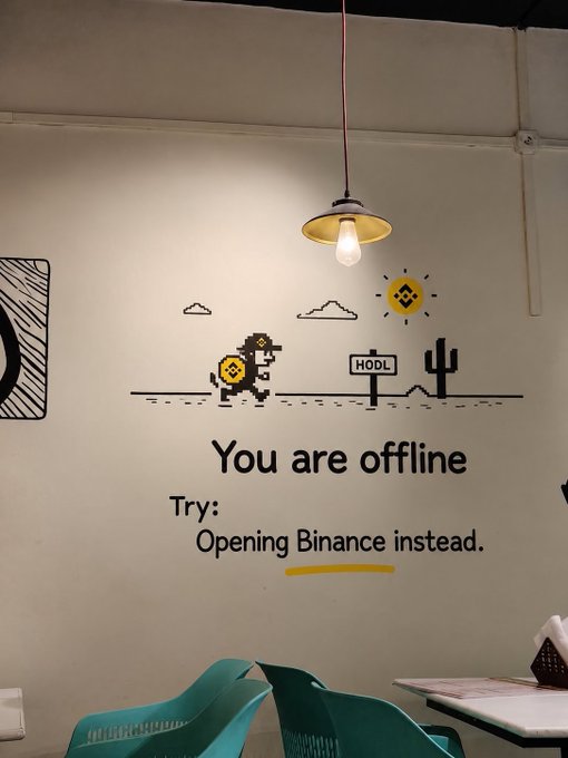 A wall mural displays a pixelated crypto-themed "You are offline" error page with a dog wearing a Bitcoin shirt holding a Binance logo, alongside a "HODL" sign and a Binance-branded sun, humorously captioned "Try: Opening Binance instead." — capturing the meme's joke that even offline, users can't stop thinking about Binance.