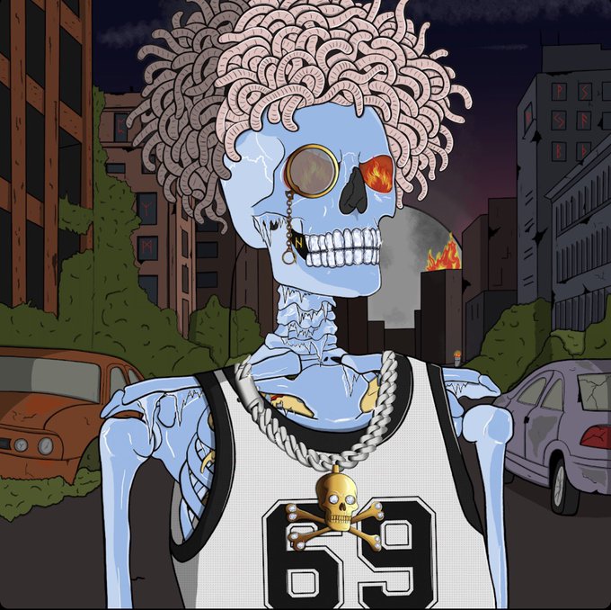 A cartoon illustration of a skeleton with blue skin, Medusa-like snake hair, a monocle, and a flaming eye, wearing a sports jersey with the number 69 and a skull necklace against a ruined city background.