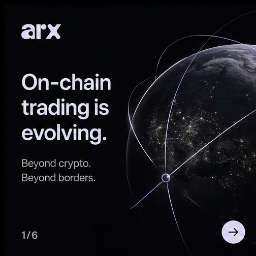 ar·x promotional graphic reading 'On-chain trading is evolving. Beyond crypto. Beyond borders.' featuring a dark Earth graphic with network lines.