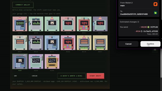 A pixel-art cryptocurrency mining game interface called 'HOP ON POP' showing various machines, a 'START SHIFT' button, and a wallet confirmation panel sending ~148,160 HOP tokens.