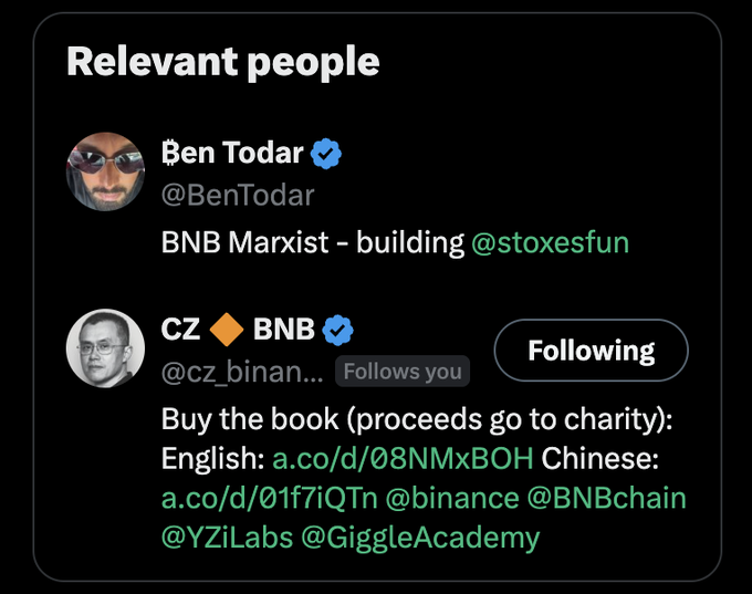 The image shows a Twitter/X "Relevant people" suggestion featuring Ben Todar (@BenTodar), described as "BNB Marxist - building @stoxesfun," and CZ @cz_binance showing a "Follows you" status, highlighting the connection between the user and the Binance founder referenced in the post.