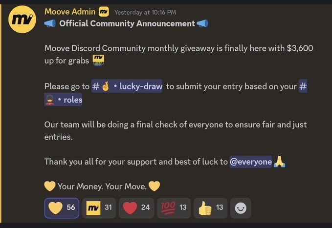 Discord announcement screenshot from Moove Admin announcing a $3,600 monthly giveaway for the Moove Discord Community, instructing members to use the #lucky-draw channel based on their roles.