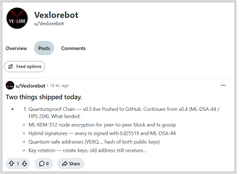 A Reddit post from the 'Vexlorebot' u/Vexlorebot subreddit showing a 'Two things shipped today' update listing shipped items including Quantumproof Chain, vLLM, MLX-7B, hybrid signatures, and quantum-safe addresses.