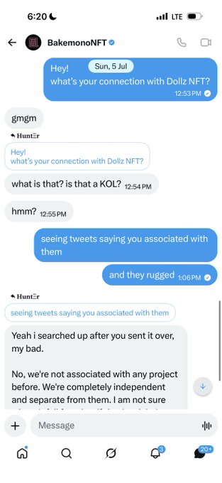 A screenshot of an Instagram DM conversation with BakemonoNFT where the user questions their connection to Dollz NFT, and BakemonoNFT responds that they are not associated with any project and are "completely independent and separate" from them.