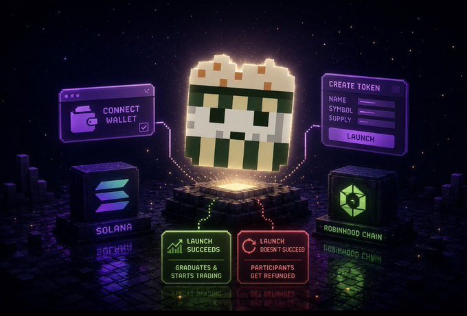 A digital illustration depicting a blockchain token launch interface with a central pixelated cat-like icon, showing 'CONNECT WALLET', 'CREATE TOKEN', Solana and Robinhood Chain logos, and options for 'LAUNCH SUCCEEDS' or 'LAUNCH DOESN'T SUCCEED'.