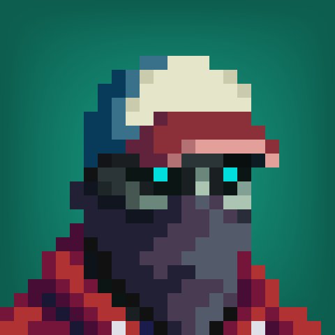 A pixel art portrait of a hooded figure with glowing blue eyes wearing a red Santa hat against a green background.
