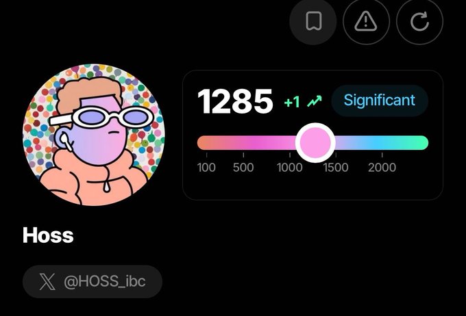 A profile card for user 'Hoss' (@HOSS_ibc) shows a cartoon avatar and a 'Significant' score of 1285.