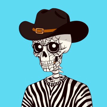 A cartoon illustration depicts a skeleton wearing a brown cowboy hat and a black-and-white zebra-striped shirt against a teal background.