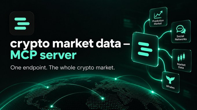 A promotional graphic for a 'crypto market data MCP server' with the tagline 'One endpoint. The whole crypto market,' featuring connected icons for Prediction Market, Social Networks, Market Data, and Whales.