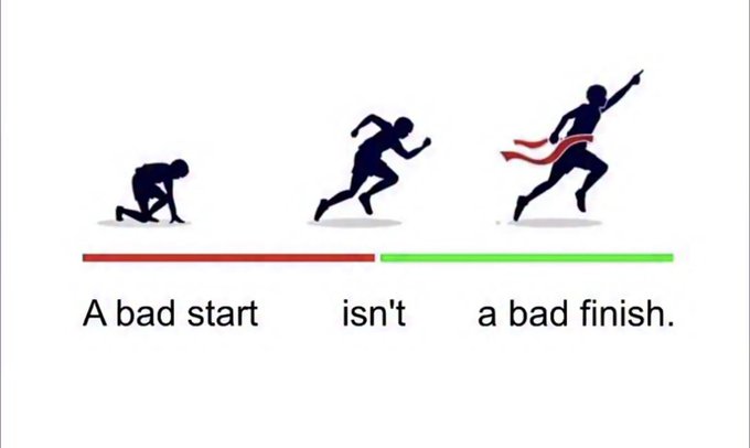 A motivational illustration shows three stick figures progressing from 'A bad start' (kneeling) through 'isn't' (running) to 'a bad finish' (crossing a finish line ribbon).