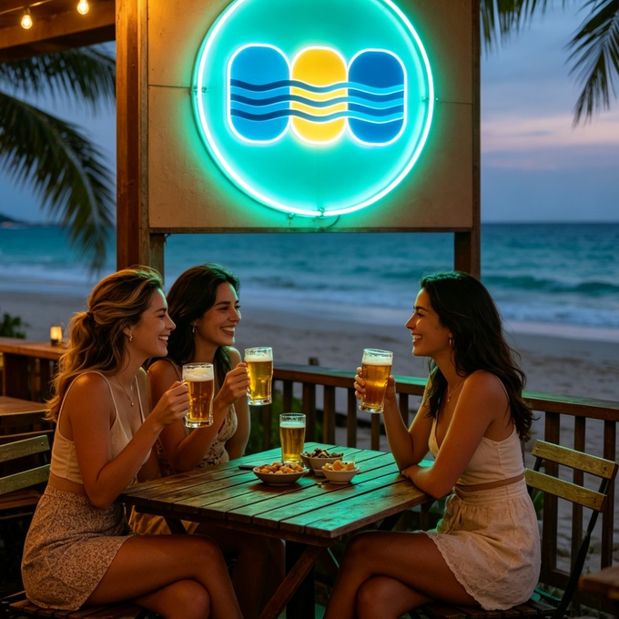 A vibrant digital illustration of three young women enjoying beers at a wooden table on a tropical beach at dusk, sitting beneath a glowing neon sign with a blue and yellow design.