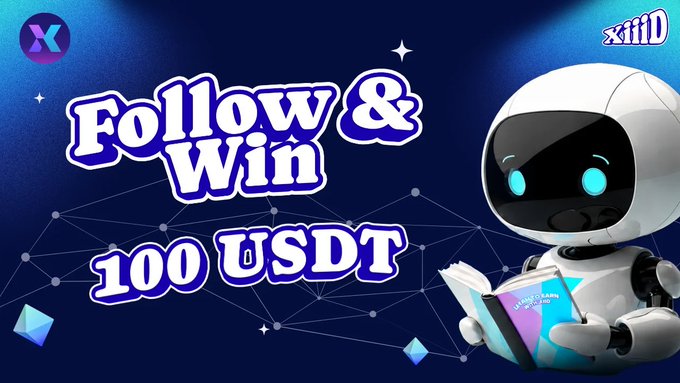 This "Follow & Win 100 USDT" graphic, featuring the XiiiD logo and a robot, promotes a task-based giveaway ending July 24th. It visually aligns with the accompanying post by highlighting the contest's name, reward, and the XiiiD brand.