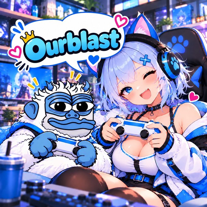 An anime-style illustration of a blue-haired girl with cat ears and headphones gaming next to a blue gorilla mascot, with the text 'Ourblast' in a speech bubble.